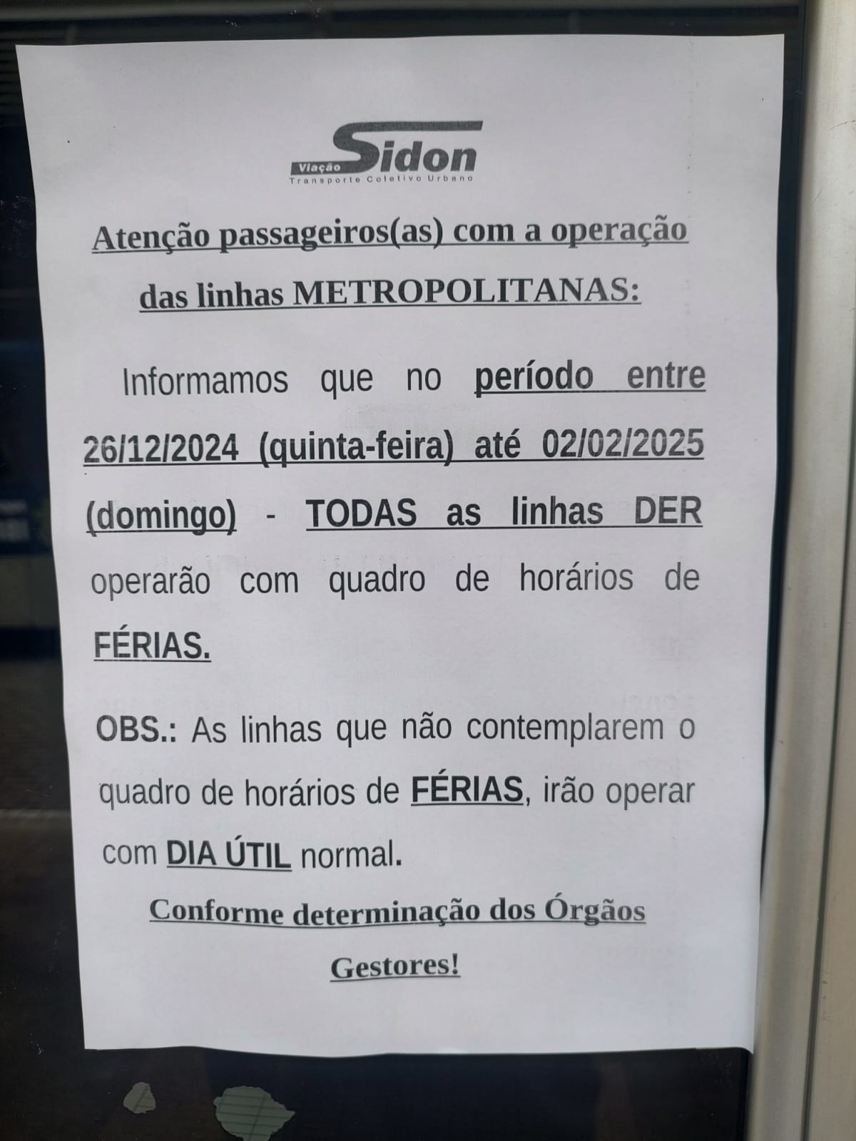 Aviso sobre mudanças de horários para natal