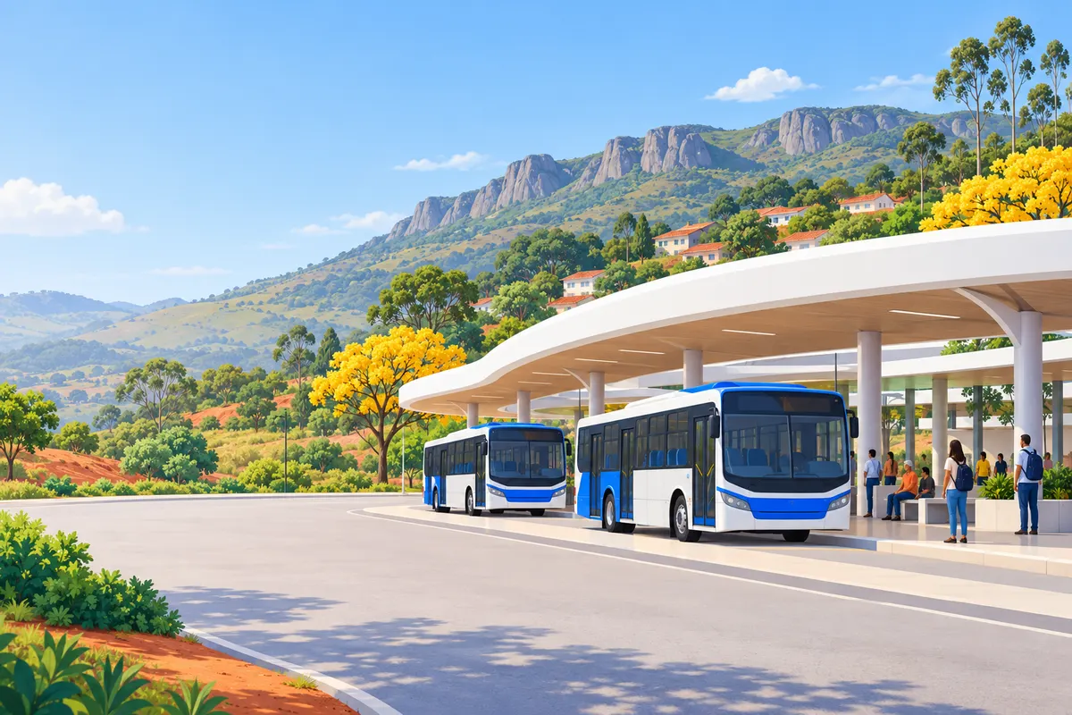 Ilustração do terminal de ônibus com dois ônibus azuis na plataforma e a serra ao fundo