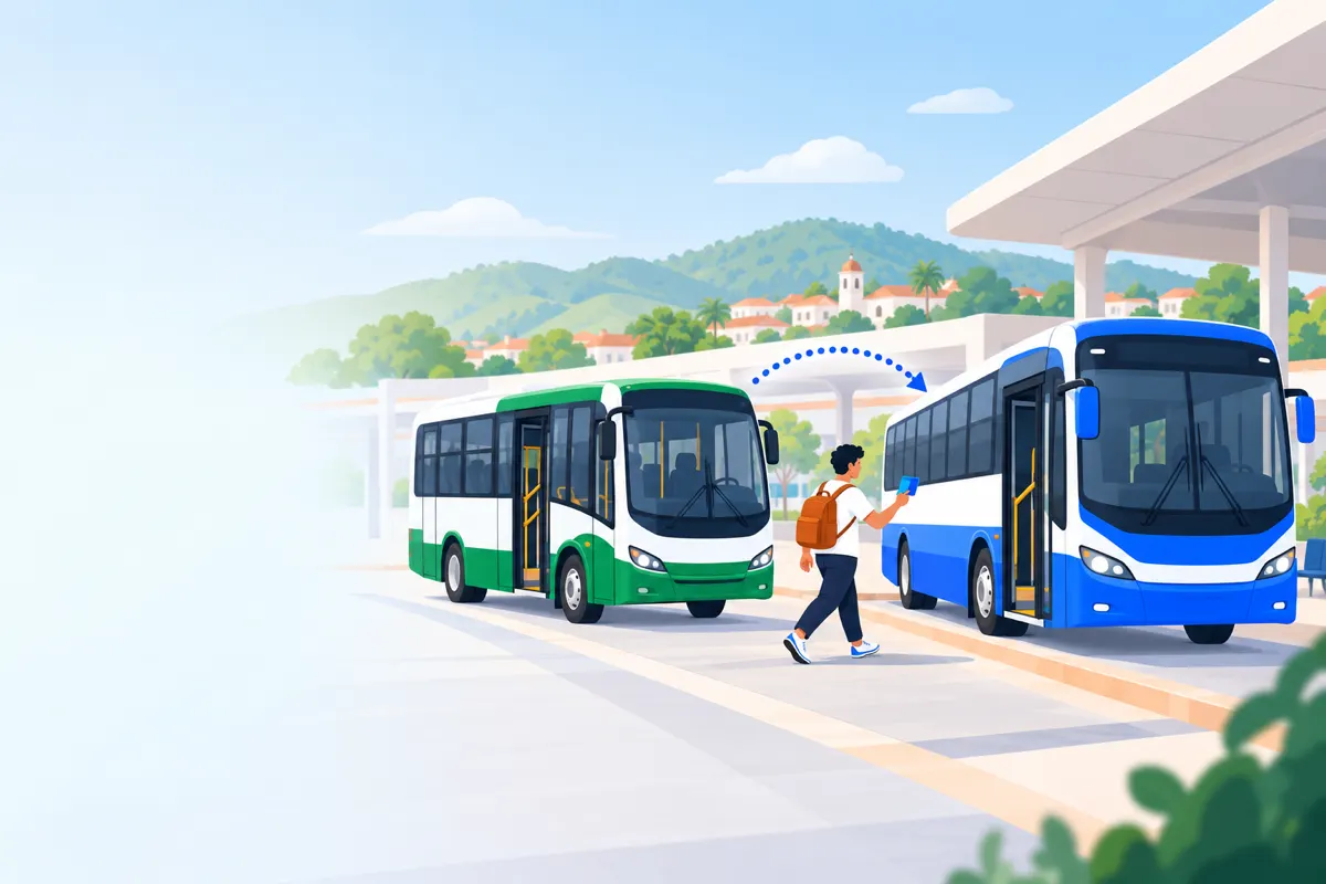 Passageiro saindo de um ônibus verde de bairro para um ônibus azul no terminal